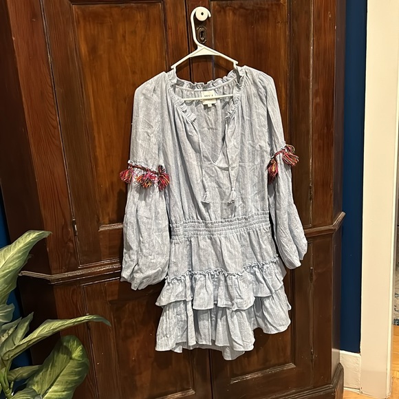 Misa Los Angeles light blue mini ruffle dress with pom poms size S - Picture 2 of 5